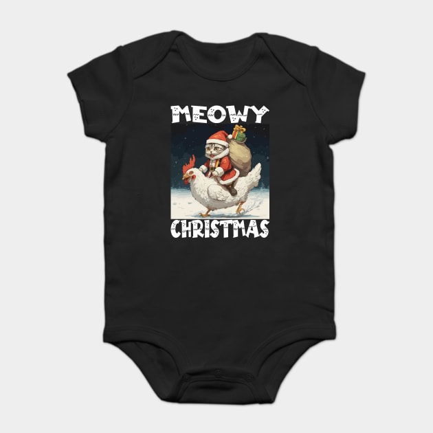 Meowy Christmas, Funny Cute Cat on a Chicken Baby Bodysuit by Megadorim